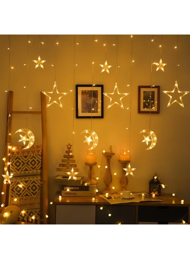 Home Care 10 Hanging Curtain Lights (3 Meter), Assorted design  High & Low Moon Hugging Stars Design, Plug Operated Warm Light, Premium Color Box Packaging - Image 2